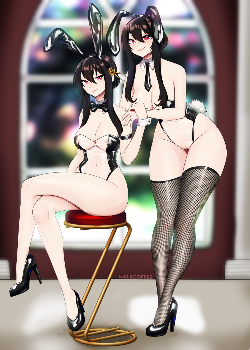 2girls black_hair black_leotard bowtie breasts bunny_ears bunny_girl bunnysuit detached_collar fake_animal_ears fake_tail female female_only fishnet_thighhighs fishnets high_heels large_breasts leotard looking_at_viewer melkcoffee milf multiple_girls necktie playboy_bunny red_eyes see-through see-through_clothing see-through_leotard sidelocks sitting sitting_on_stool spy_x_family standing stool thighhighs transparent_bunnysuit wrist_cuffs yor_briar yor_forger