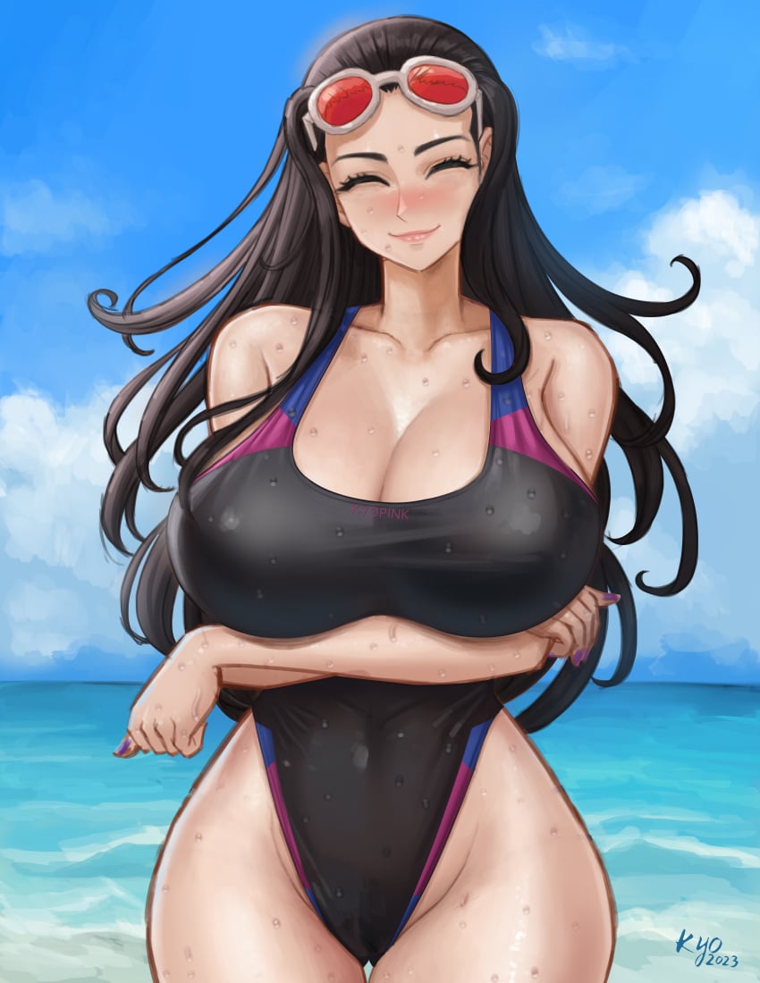 1girls arms_crossed arms_under_breasts beach black_hair black_one-piece_swimsuit black_swimsuit blue_eyes breasts closed_eyes clouds competition_swimsuit curvaceous curvy curvy_body curvy_female curvy_figure dated female female_only highleg highleg_swimsuit hourglass_figure kyopink large_breasts light-skinned_female light_skin long_hair milf nico_robin ocean one-piece_swimsuit one_piece outside painted_fingernails post-timeskip sky solo solo_female sunglasses sunglasses_on_head swimsuit voluptuous voluptuous_female water woman