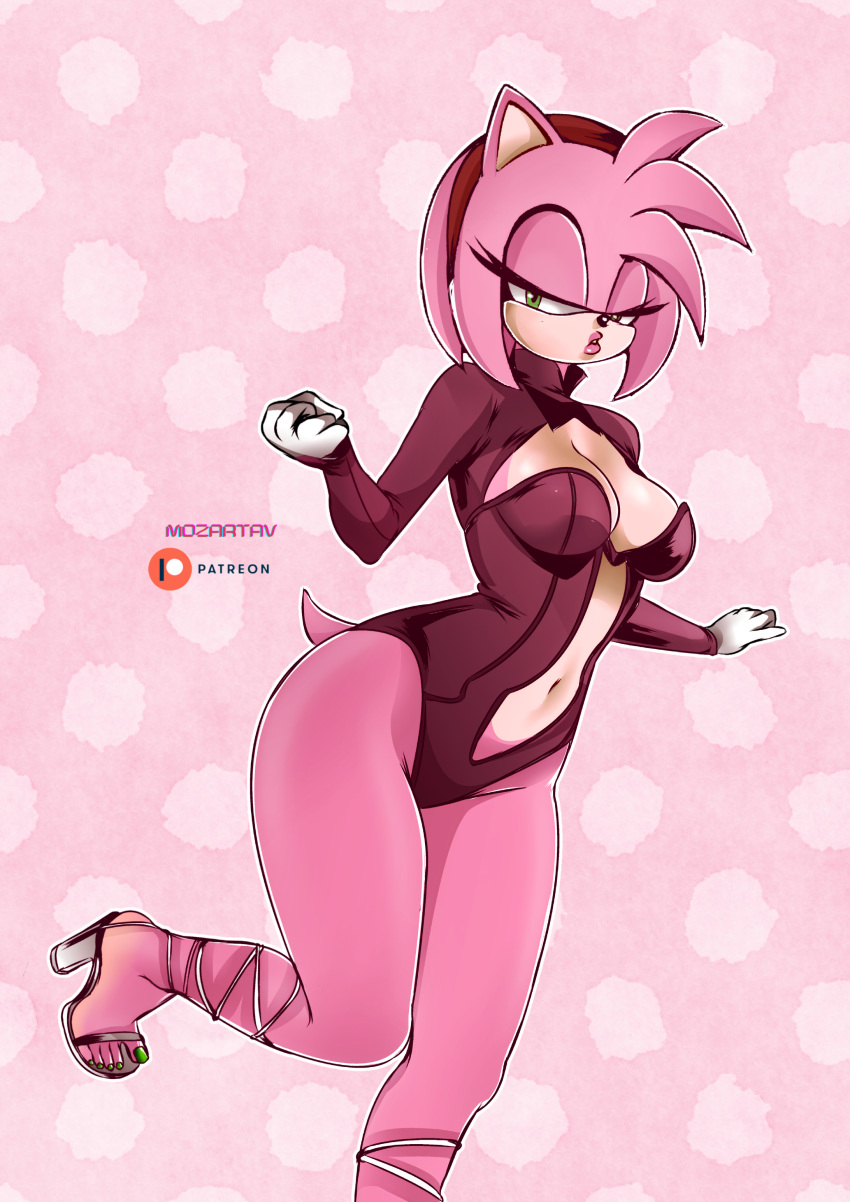 amy_rose big_breasts cleavage cleavage_cutout furry furry_breasts furry_ears furry_female furry_tail gloves green_hair green_nails hedgehog high_heels latex lips lipstick mozartav open_toe_shoes pink_body seductive seductive_look seductive_mouth seductive_pose sonic_(series) sonic_the_hedgehog_(series) strappy_heels tagme thick_thighs tight_clothing toes