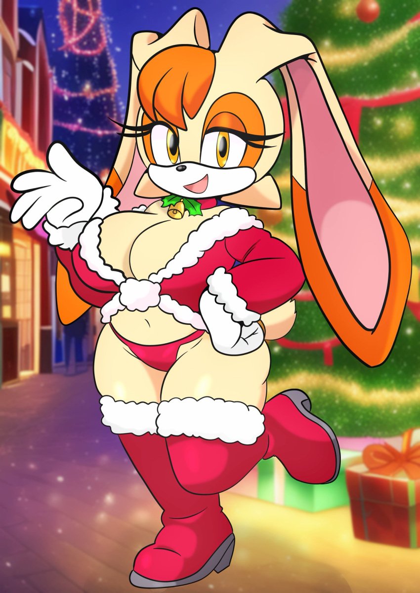 1girls bell big_breasts choker christmas christmas_outfit cleavage female furry furry_funnychan gloves hat navel sega sonic_(series) thigh_boots thong vanilla_the_rabbit