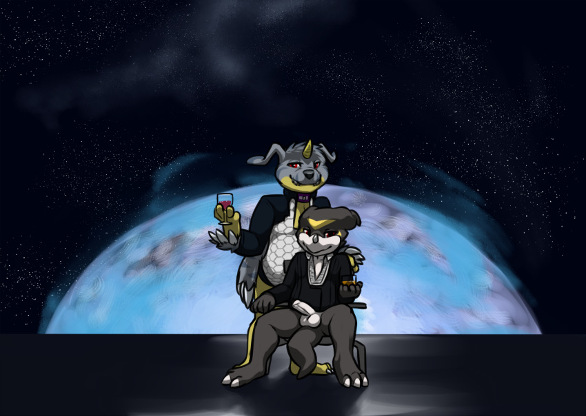 alcohol anthro balls barefoot beverage bottomless clothed clothing coast_(gabumon) collar digimon duo erection fan_character food front_view glass horn humanoid_penis keyhole_turtleneck male pelt penis planet portrait ryodramon scalie sitting space starscape sweater swizzlestix tuxedo uncut wine yaoi