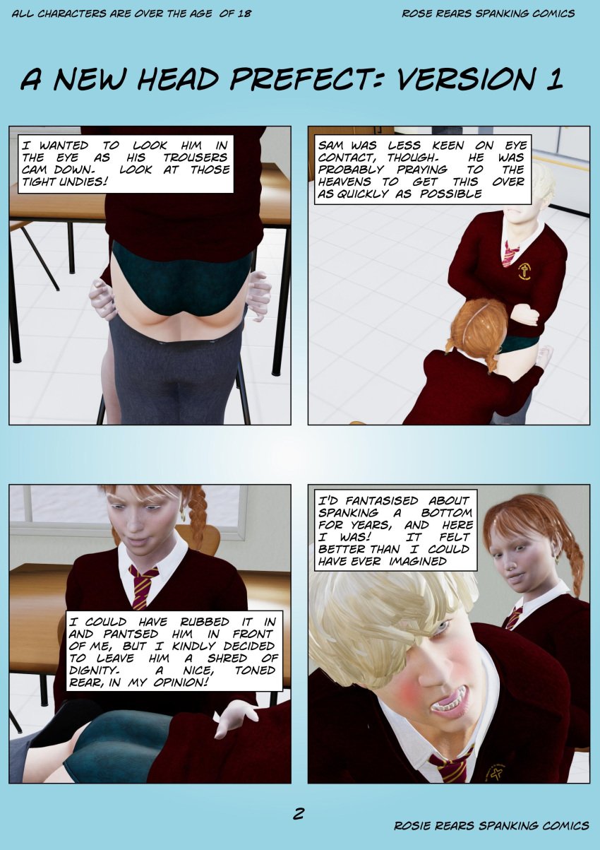 1boy 1girls comic english_text female femdom femdom_caption otk_spanking over_the_knee_spanking page_2 page_number rosierears schoolboy schoolgirl spanking spanking_art