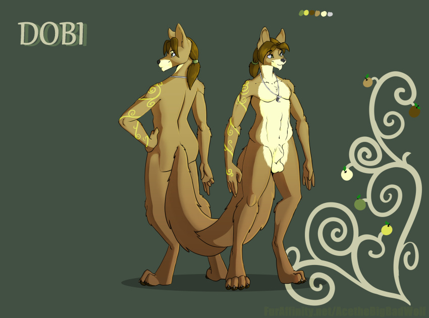 abs acethebigbadwolf animal_genitalia ass bangs canine digitigrade dobi green_eyes hi_res jewelry male mammal markings model_sheet necklace ponytail sheath smile standing tied_hair wolf