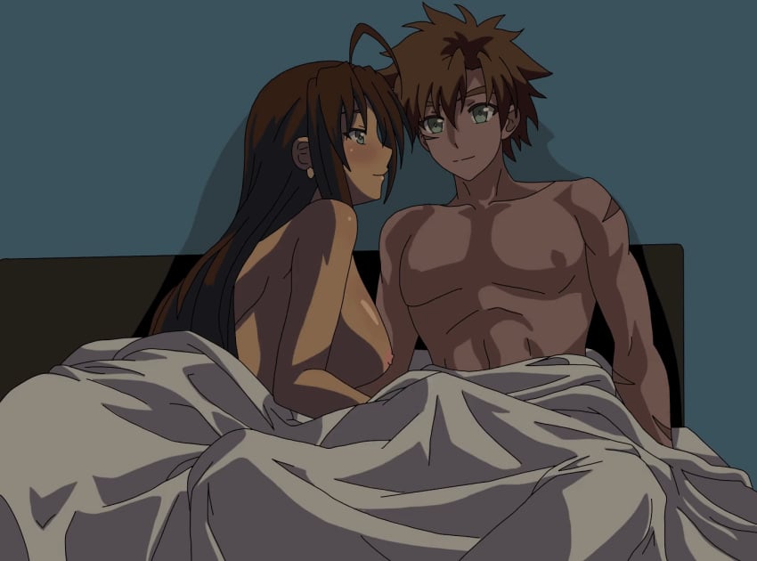 1boy animated brown_hair earrings female green_eyes hasegawa_chisato jewelry masturbation nude on_bed shinmai_maou_no_testament toujou_basara vaenny