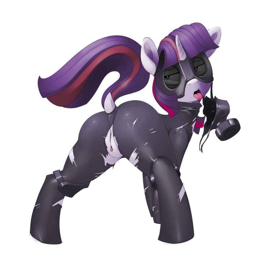 2016 alpha_channel ass clothed clothed_feral clothing dimfann dock equine female feral friendship_is_magic gas_mask hair hi_res horn mammal mask multicolored_hair my_little_pony open_mouth pussy simple_background solo tongue tongue_out torn_clothing transparent_background twilight_sparkle_(mlp) unicorn