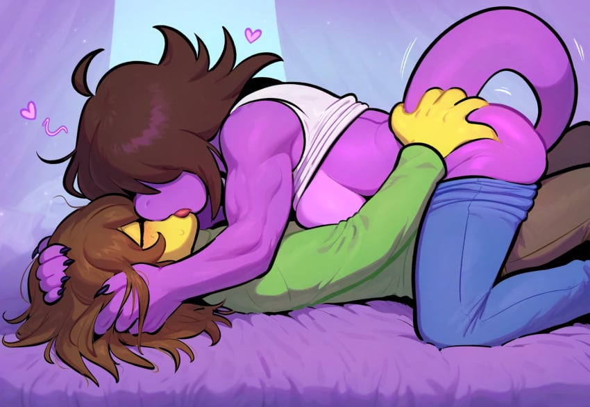 ai_generated anthro anthro_female ass_grab big_breasts brown_hair cowgirl_position deltarune french_kiss green_shirt hands_in_hair heart human_male jeans kissing kris_(deltarune) lying lying_on_bed muscular_female novelai nudealert on_bed pants_down passionate purple_body reptile shirt_up susie_(deltarune) tail tongue white_tank_top yellow_skin