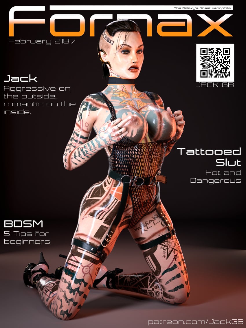 1girls 3d 3d_(artwork) artist_name big_breasts black_hair breasts choker daz3d female female_only fishnet fishnet_leotard fornax garter_belt harness high_heels jack_(mass_effect) jackgb legs lingerie lips magazine_cover mass_effect mass_effect_2 mass_effect_3 middle_finger nipples on_floor on_knees parody patreon_username platform_heels posing_for_picture seductive seductive_look shiny_skin short_hair showing_breasts solo tagme tattoo tattoo_on_belly tattoo_on_chest tattooed_arm tattoos text