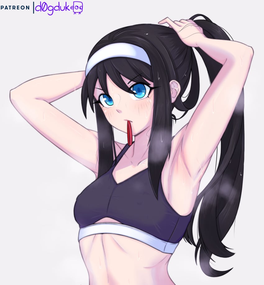 alternate_version_available armpits black_hair blue_eyes breasts covered_erect_nipples cropped_torso d0gduk female hairband highres long_hair mouth_hold pointy_chin small_breasts sports_bra sweat tohno_akiha tsukihime tying_hair watermark white_background