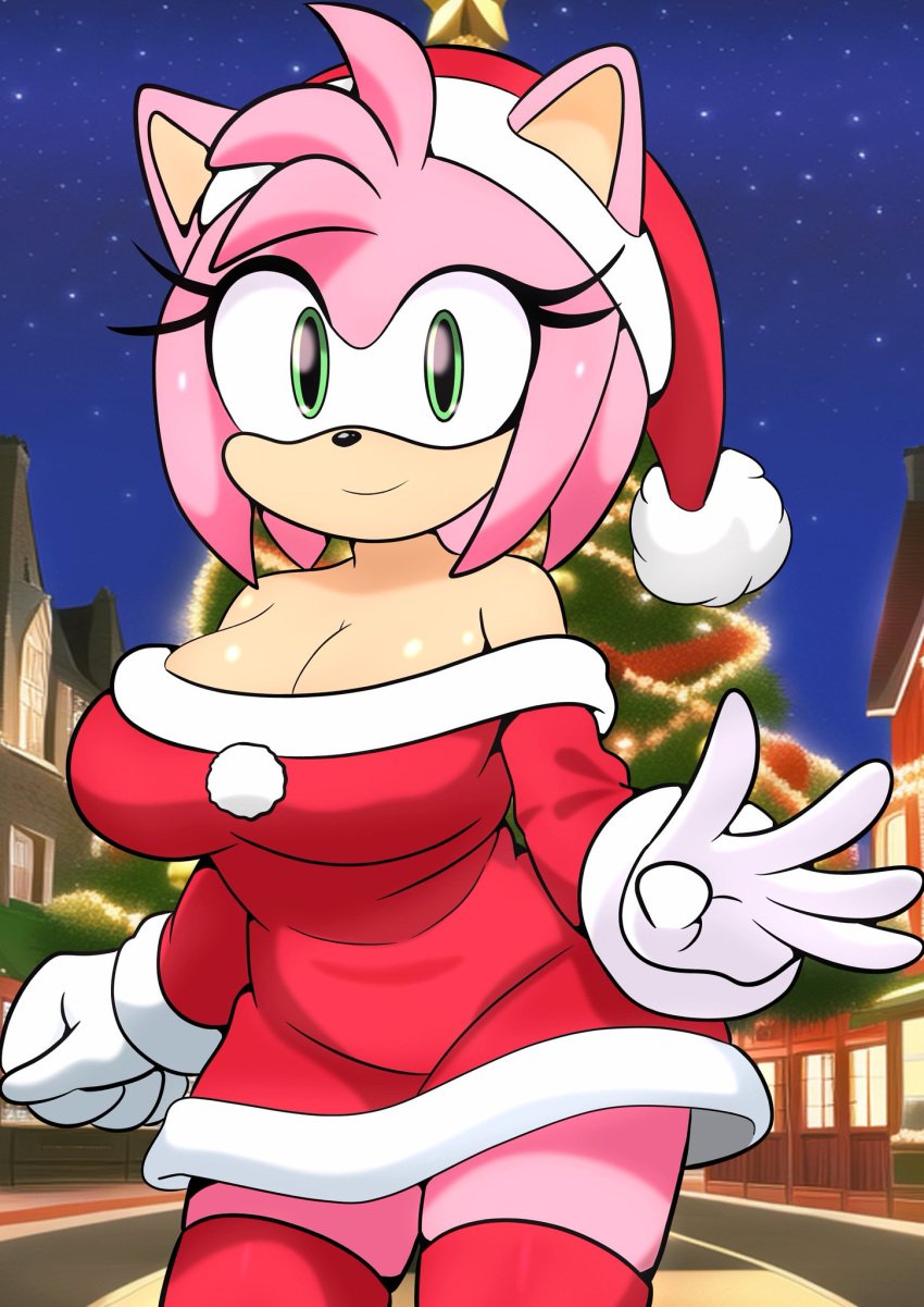 1girls amy_rose big_breasts christmas cleavage dress furry_funnychan sega sonic_(series) thighhighs