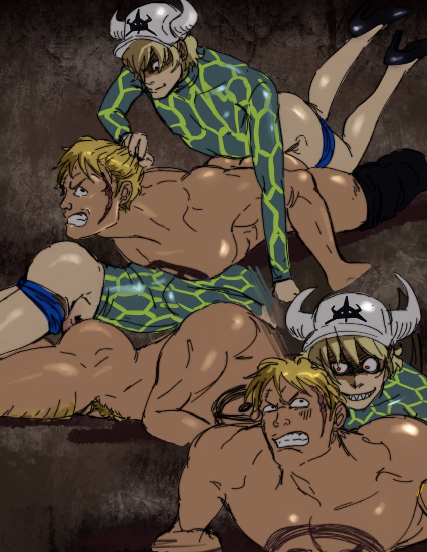 2boys age_difference anal anal_sex bellamy big_sub_small_top blonde_hair chest_tattoo clenched_teeth creepy_smile dellinger dominant_twink dressrosa feet_out_of_frame femboy femboydom fish-men_(one_piece) from_behind gay grin hair_pull high_heels horns implied_anal male male_only male_rape_victim muscular muscular_male one_piece prone_bone rape scars shaded_face sharp_teeth small_dom_big_sub smile twink twinkdom yahaboot yaoi