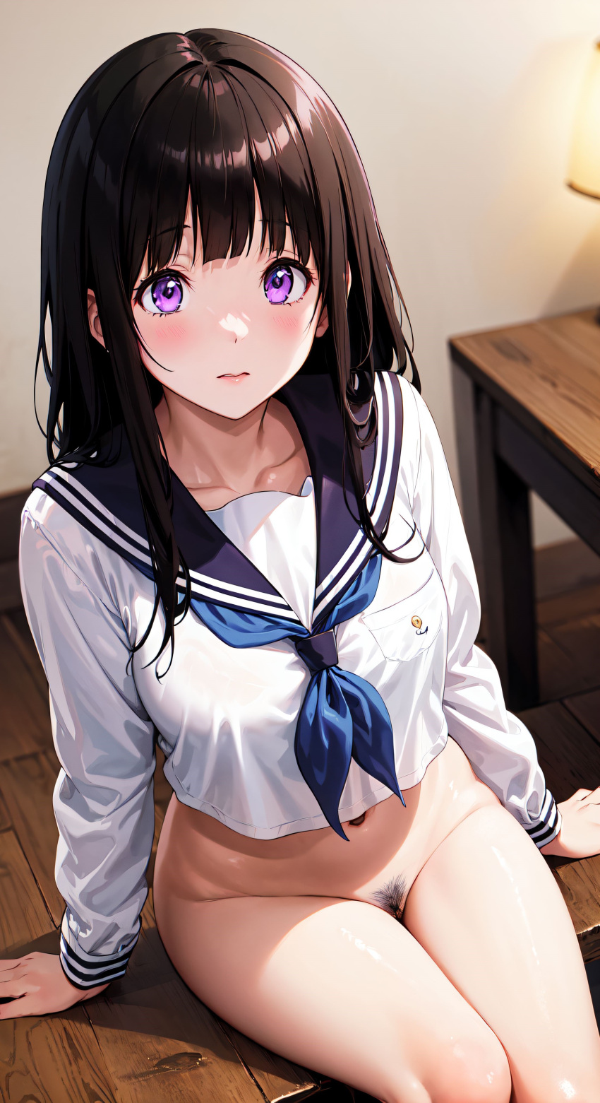 ai_generated black_hair blush chitanda_eru embarrassed female female_focus female_only hyouka purple_eyes pussy shy stable_diffusion