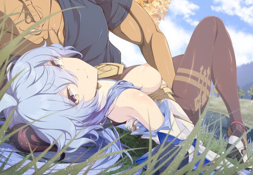 ahoge asahiru_ban bare_shoulders bell blue_hair blue_sky blush bodystocking breasts brown_pantyhose detached_sleeves dress female fingering ganyu_(genshin_impact) genshin_impact grass horns large_breasts long_hair lying nipples on_back pantyhose purple_eyes sidelocks sky straight white_dress