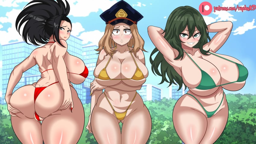 3girls ass big_ass big_breasts big_thighs bikini black_hair blonde_hair breasts busty butt camie_utsushimi child_bearing_hips cleavage female female_focus female_only gigantic_ass gigantic_breasts gigantic_thighs green_hair hat huge_ass huge_breasts huge_thighs long_hair looking_at_viewer momo_yaoyorozu my_hero_academia navel raydonxd shiketsu_high_school_cap smile tagme thick_hips thick_thighs thighs tokage_setsuna voluptuous