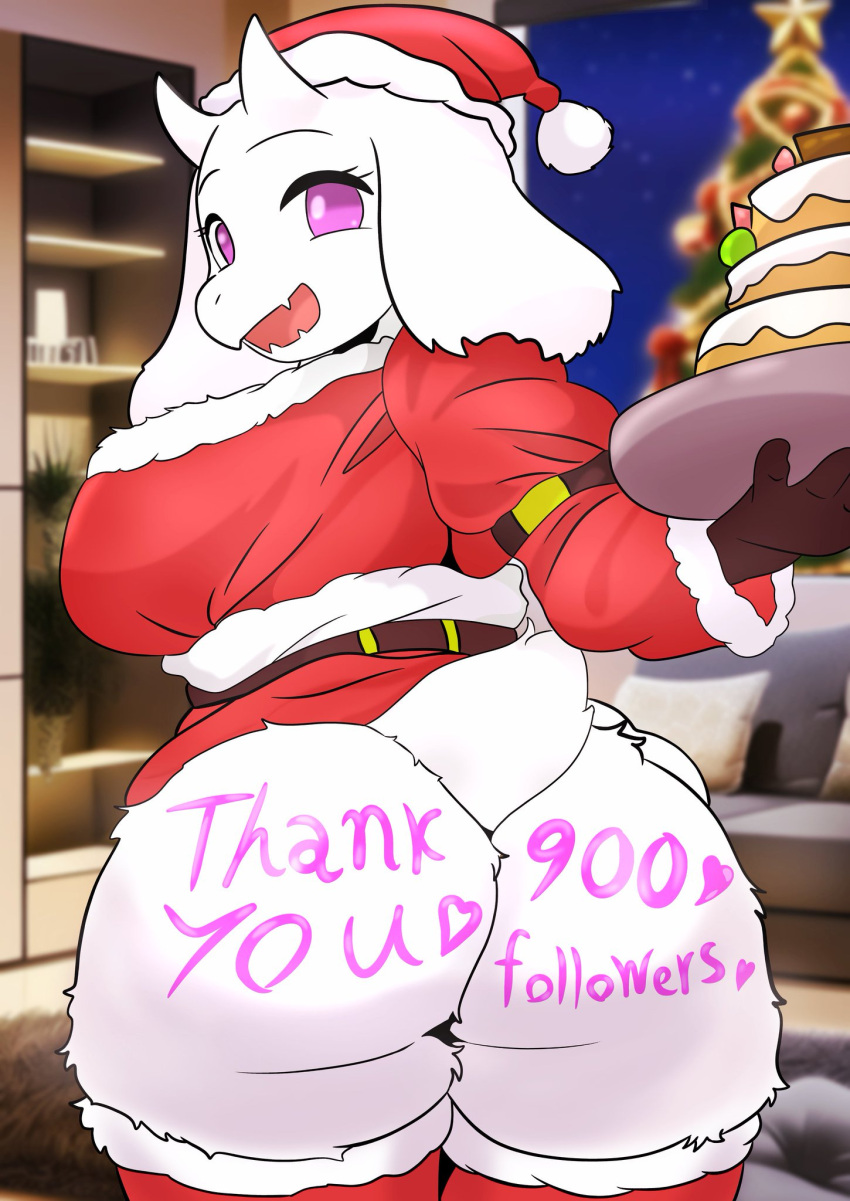 1girls 2d ass big_ass body_writing boss_monster cake christmas christmas_outfit dress english english_text female food furry furry_funnychan hat solo tagme text thighhighs toriel undertale undertale_(series)