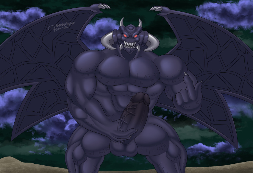 abs anthro anthro_only balls beefereater big_cock claws clouds cock demon genitals horn horns male male_only muscular muscular_male pecs penis sharp_teeth solo solo_male wings yu-gi-oh! zorc zorc_necrophades zorc_necrophades