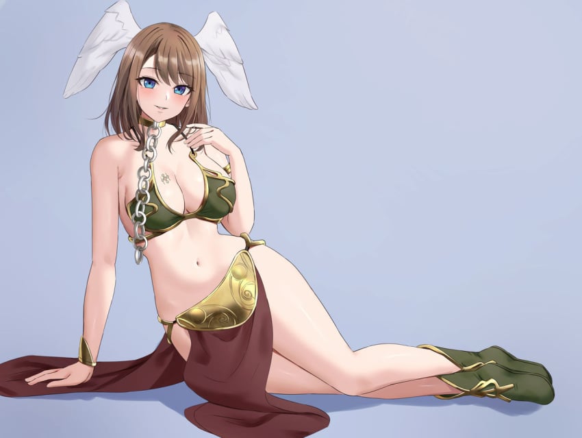 belly_dancer belly_dancer_outfit big_breasts blue_eyes blush boots bracelet brown_hair chains cleavage darkvaati13 eunie_(xenoblade) femsub harem_girl harem_outfit loincloth long_hair lying_on_side sitting sitting_on_side slave slave_bikini slave_collar slave_leia_(cosplay) slave_outfit slavegirl submissive_female tattoo_on_chest voluptuous wing_ears wings wings_on_head xenoblade_(series) xenoblade_chronicles_3