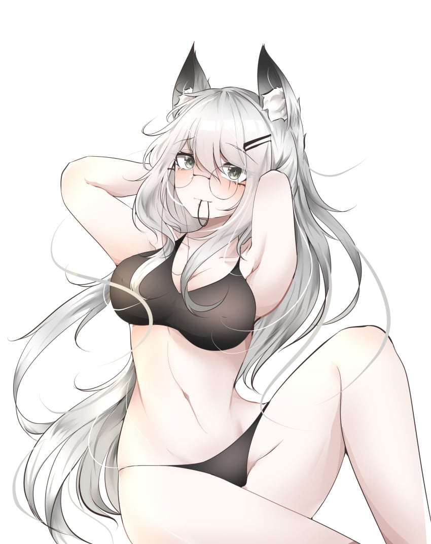 2024 animal_ears arknights black_underwear glasses grey_eyes hair_ornament hi_res kemonomimi lappland_(arknights) light-skinned_female light_skin long_hair samip simple_background underwear white_hair wolf_ears wolf_girl