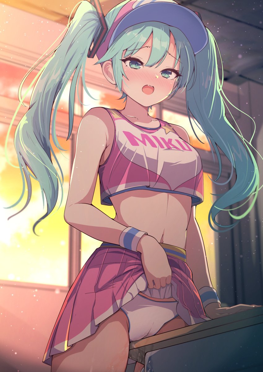 :o absurdres aqua_eyes aqua_hair blush cheerleader clothes_lift crop_top crotch_rub darumoon desk female_masturbation hatsune_miku highres indoors lifted_by_self long_hair masturbation midriff open_mouth orange_sky panties pink_shirt pink_skirt project_diva_(series) pussy_juice pussy_juice_drip_through_clothes school_desk shirt skirt skirt_lift sky sleeveless sleeveless_shirt table_humping twintails two-tone_shirt underwear visor_cap vocaloid white_panties white_shirt