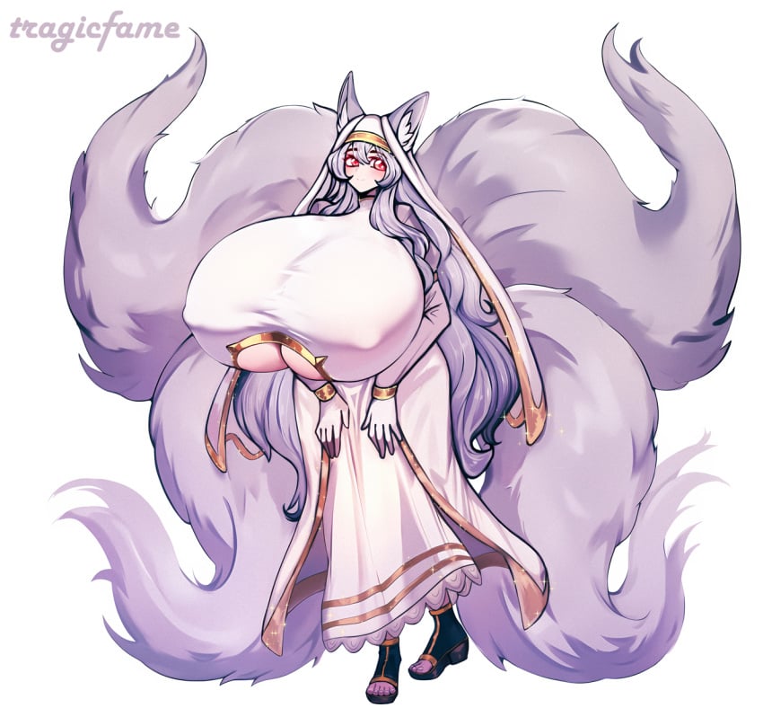 boob_window fox_girl grey_hair headdress healer huge_breasts hyper_breasts long_hair massive_breasts multiple_tails priestess robes tail tragicfame