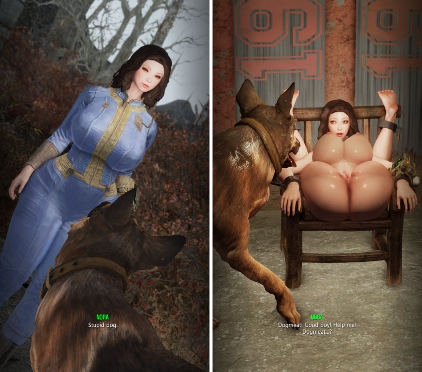 2koma bethesda_softworks bondage_furniture bound_to_chair dogmeat emotrashcan fallout imminent_rape nora_(fallout_4) nude_female sole_survivor_(female) vault_dweller vault_suit