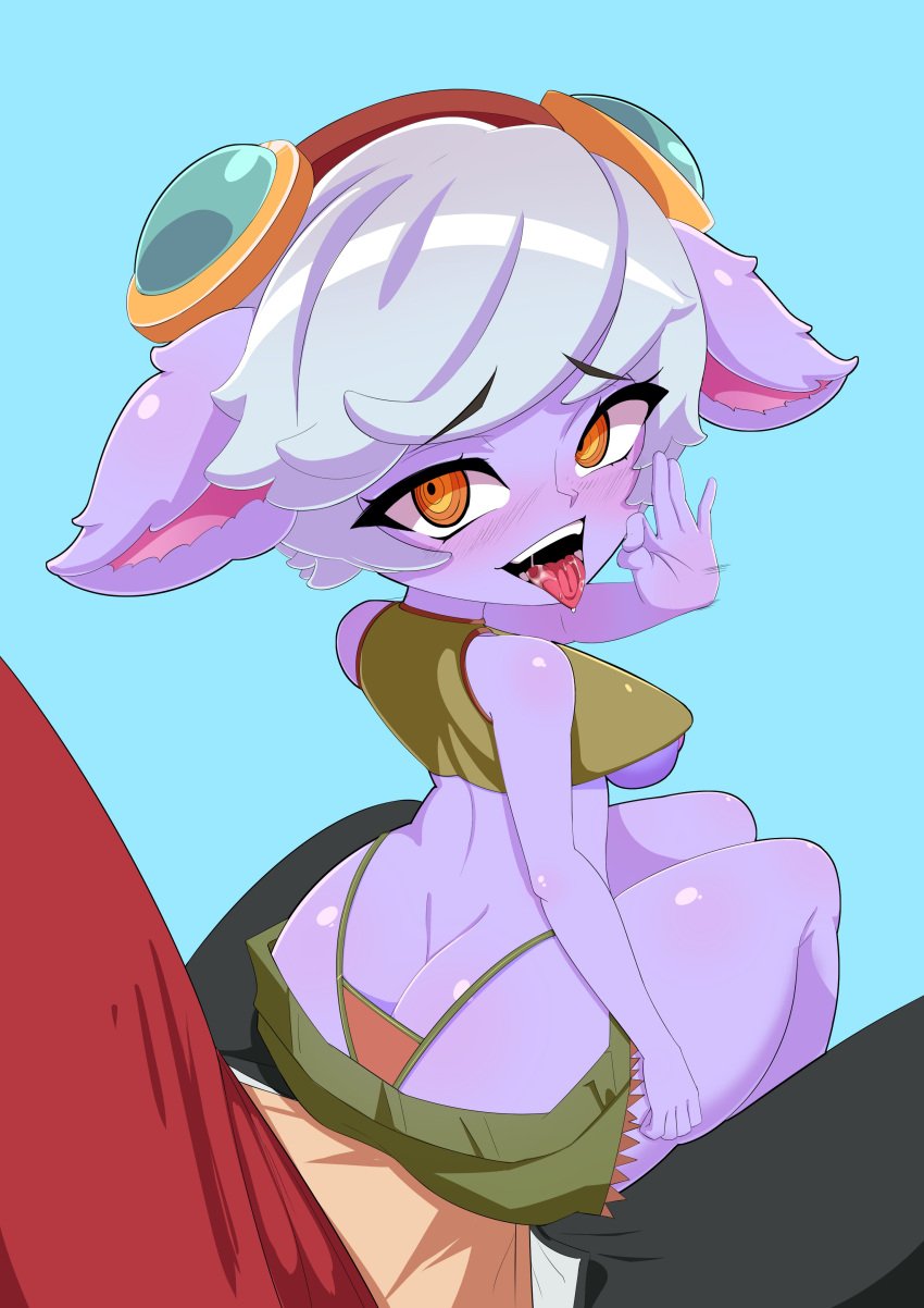 1boy 1boy1girl 1girls 2023 ahegao ass ass_cleavage blush breasts bubble_butt butt_crack crop_top fluffy_ears gesture goggles goggles_on_head keisar_(artist) league_of_legends looking_back nipple_slip nipples open_mouth orange_eyes panties purple_body purple_skin riot_games saliva short_hair short_shorts shorts sitting sitting_on_lap sitting_on_person tagme thighs thong thong_above_shorts tongue tongue_out tristana underboob white_hair yordle