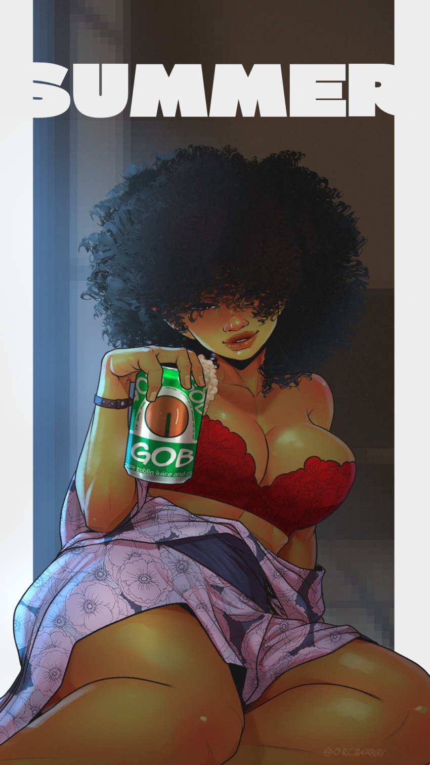 1girls afro alcohol beer beer_can black_hair blush bra english_text female female_only goblin goblin_female green_skin hair_over_one_eye hi_res looking_at_viewer narrowed_eyes orcbarbies sitting smile solo text