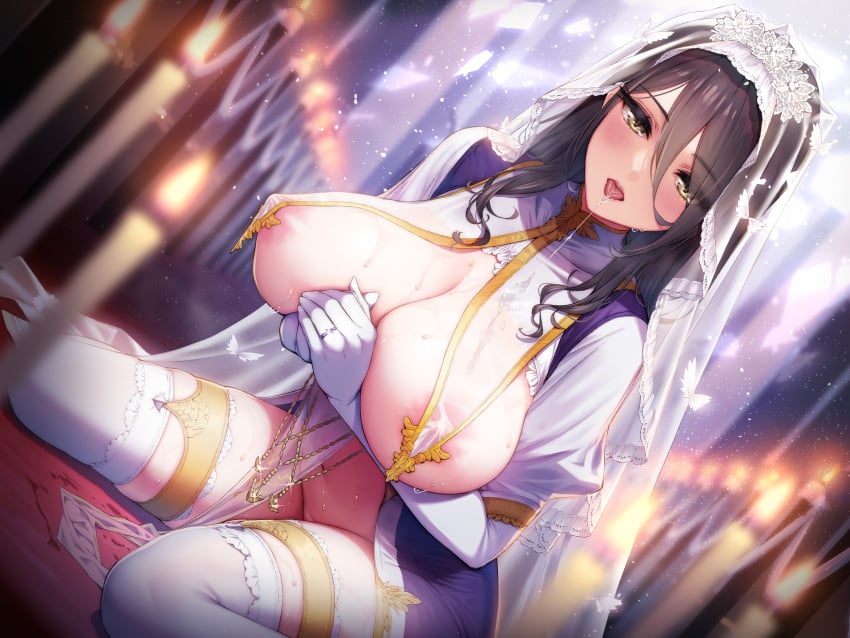 1girls areola_slip black_hair breast_curtains bridal_veil drooling erect_nipples erection_under_clothes nipples_visible_through_clothing nun ogre_(illustogre) original see-through_clothing wedding_ring