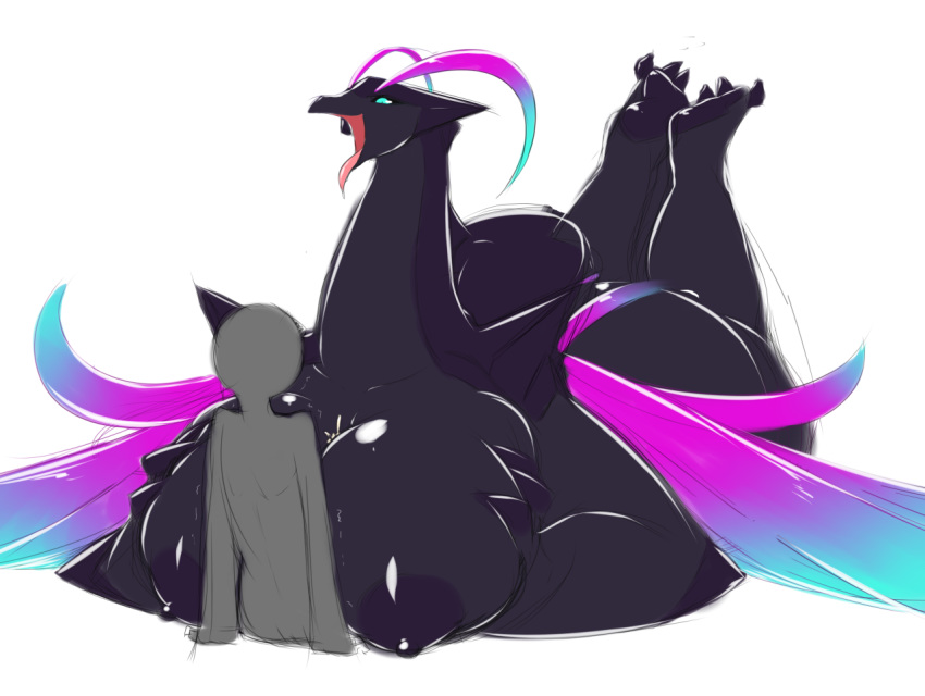 anon ass averyshadydolphin big_ass big_breasts black_nipples black_skin breasts claws color cum cyan_eyes dragon erect_nipples feet female holding_breast horn humanoid long_tongue magical_wings male nipples nude paizuri purple_wings regalia regalia_(character) sex smile thick_thighs tiny_head tongue tongue_out wings