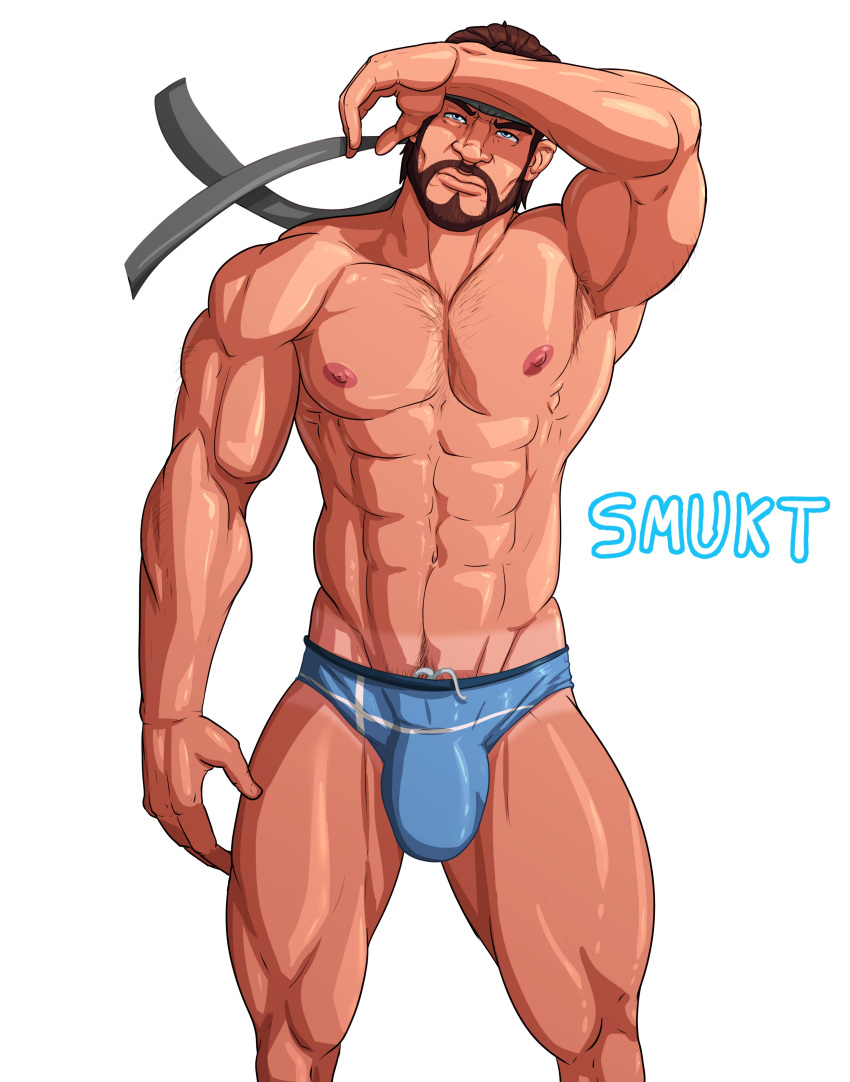 1boy bara bara_tits barazoku beard big_bulge bulge facial_hair flaccid gay hairy huge_bulge konami male male_focus male_nipples male_only manly metal_gear metal_gear_solid muscular_male nipples penis_outline smukt solid_snake solo solo_male underwear yaoi