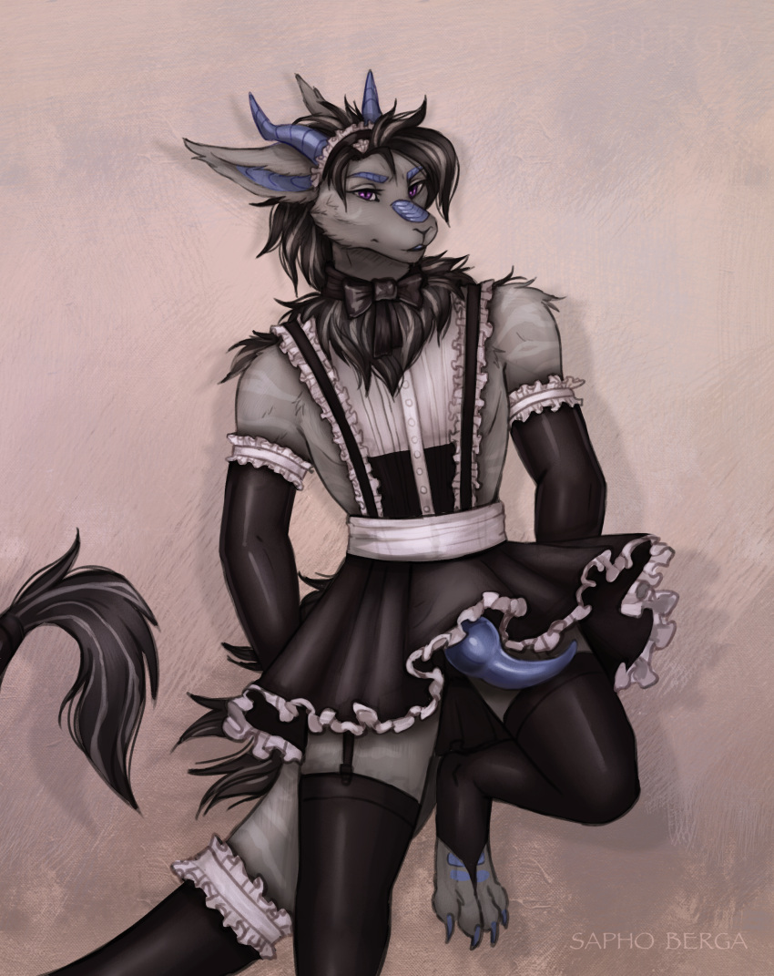 absurd_res anthro clothed clothing hi_res horn maid_uniform male male_only mammal no_underwear sapho_berga simple_background solo uniform vernid