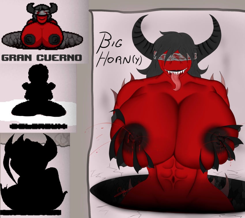 abs big_horn_(the_binding_of_isaac) black_hair black_nipples blind blindfold covered_eyes demon demon_girl demon_horns grabbing_own_breast grey_hair hole hole_(pit) huge_breasts lactation long_tongue mommy nahuelconer pixel_art red_body red_skin rule_63 the_binding_of_isaac tongue_out unusual_lactation wide_hips