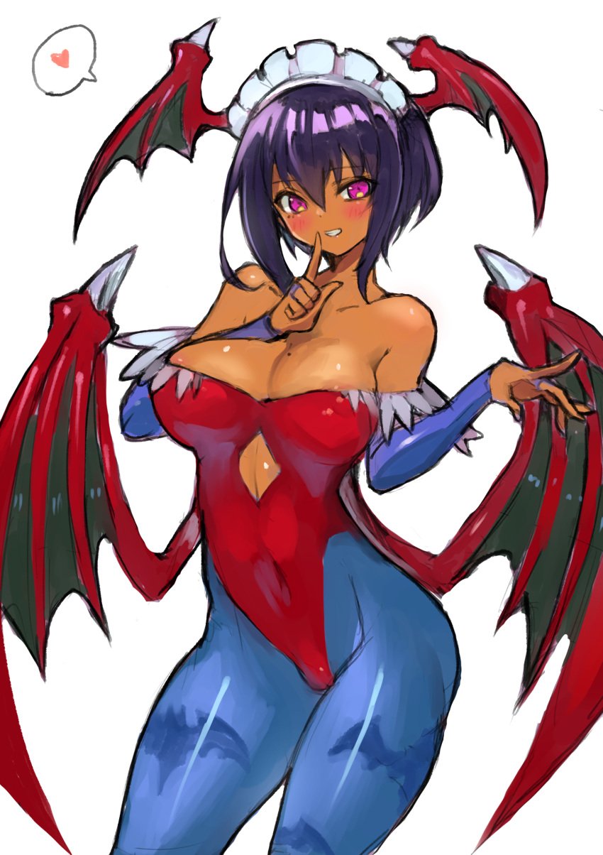 1girls animal_print areola_slip bare_shoulders bat_print bat_wings big_breasts binelu01 blue_pantyhose breasts cleavage_cutout clothing_cutout cosplay covered_navel dakusuta dark-skinned_female dark_skin darkstalkers demon_girl demon_wings female female_focus female_only head_wings heart highleg highleg_leotard huge_breasts large_breasts leotard lilith_(saikin_yatotta_maid_ga_ayashii) lilith_aensland lilith_aensland_(cosplay) low_wings maid maid_headdress mole mole_on_breast mole_under_eye name_connection pantyhose ponytail print_pantyhose purple_eyes purple_hair red_leotard saikin_yatotta_maid_ga_ayashii short_hair solo speech_bubble spoken_heart standing thick_thighs vampire_savior wings