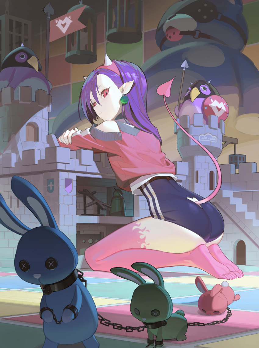 1girls ass ball_gag bare_shoulders barefoot blindfold blue_one-piece_swimsuit buttons cage castle chained chains closed_mouth clothing_cutout collar colored_skin crop_top demon_girl demon_tail earrings fake_horns flag gag horns jewelry light_smile long_hair looking_at_viewer looking_back metal_collar one-piece_swimsuit original pink_shirt pink_skin pointy_ears purple_hair red_eyes shirt shoulder_cutout stairs stuffed_animal stuffed_cat stuffed_penguin stuffed_rabbit stuffed_toy swimsuit tail teddy_bear timbougami