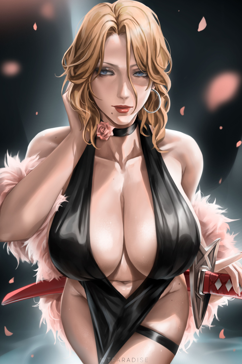 1girls beauty_mark big_breasts black_dress bleach blonde_hair blue_eyes blurry_background busty cleavage deep_cleavage dress female_only front_view fur_scarf hand_on_hair leaning_forward lipstick long_hair looking_at_viewer matsumoto_rangiku neckwear petals solo solo_female standing sword sword_sheath thigh_strap three-quarter_portrait weapon wtparadise