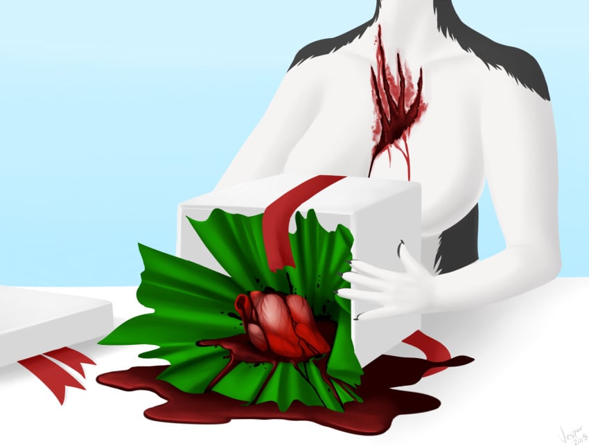 anthro bleeding blood blood_puddle blood_stain border_collie box breasts canine christmas_present claws collie dog emo female female_only front_view fur furry_breasts gift gore grey_fur heart injury mammal ribbon solo vespur vespur_inglewood white_fur