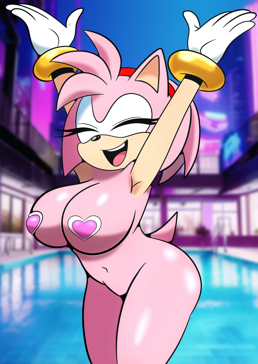 1girls amy_rose anthro arms_up big_breasts bracelet covered_nipples exposed_torso female footwear furry furry_funnychan gloves hairband handwear humanoid maebari mostly_nude posing sega smile sonic_(series) sticker_on_body stickers