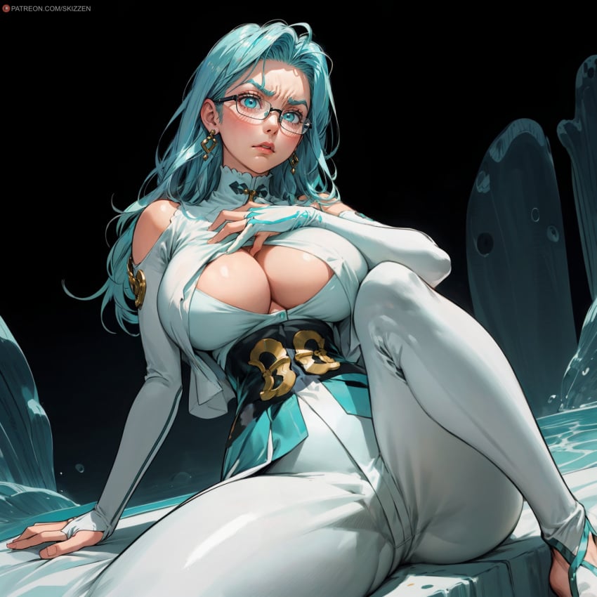 ai_generated aqua_eyes aqua_hair big_breasts breast_cutout cleavage cleavage_cutout elbow_gloves glasses lifted_by_self lifting one-punch_man psykos skizzen spread_legs thin_waist white_clothing wide_hips