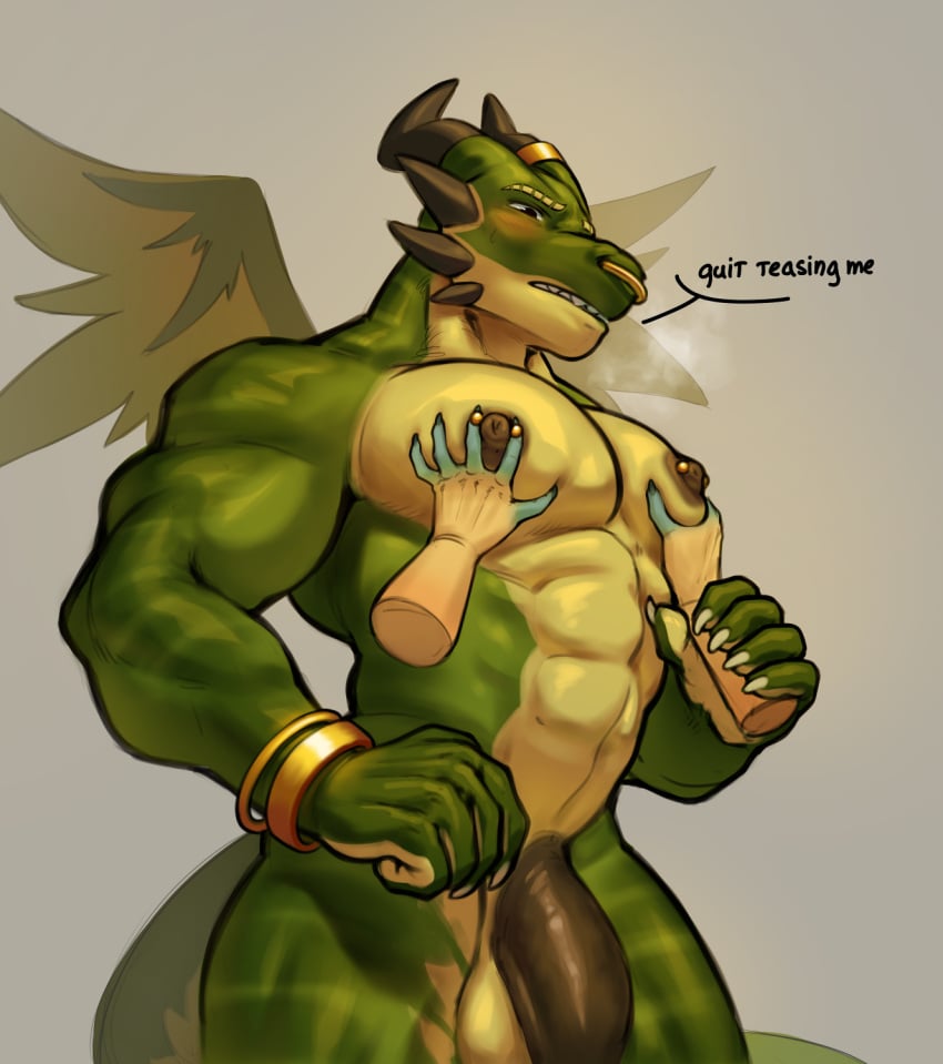 abs anthro balls big_penis claws countershade_scales countershade_tail countershade_torso countershading dialogue dragon facial_piercing genitals green_body green_scales hi_res horn horn_jewelry humanoid_genitalia humanoid_penis icarus_(darkgem) jewelry male membrane_(anatomy) membranous_wings muscular muscular_anthro muscular_male nipple_piercing nipples nose_piercing nose_ring nude oraderg pec_grab pecs penis piercing red_eyes ring_(jewelry) ring_piercing scales scalie simple_background solo spikes spikes_(anatomy) tail tan_body tan_scales text wings