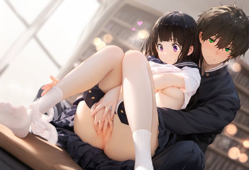 ai_generated black_hair blush breasts chitanda_eru embarrassed female hyouka male nipples oreki_houtarou purple_eyes pussy shy stable_diffusion