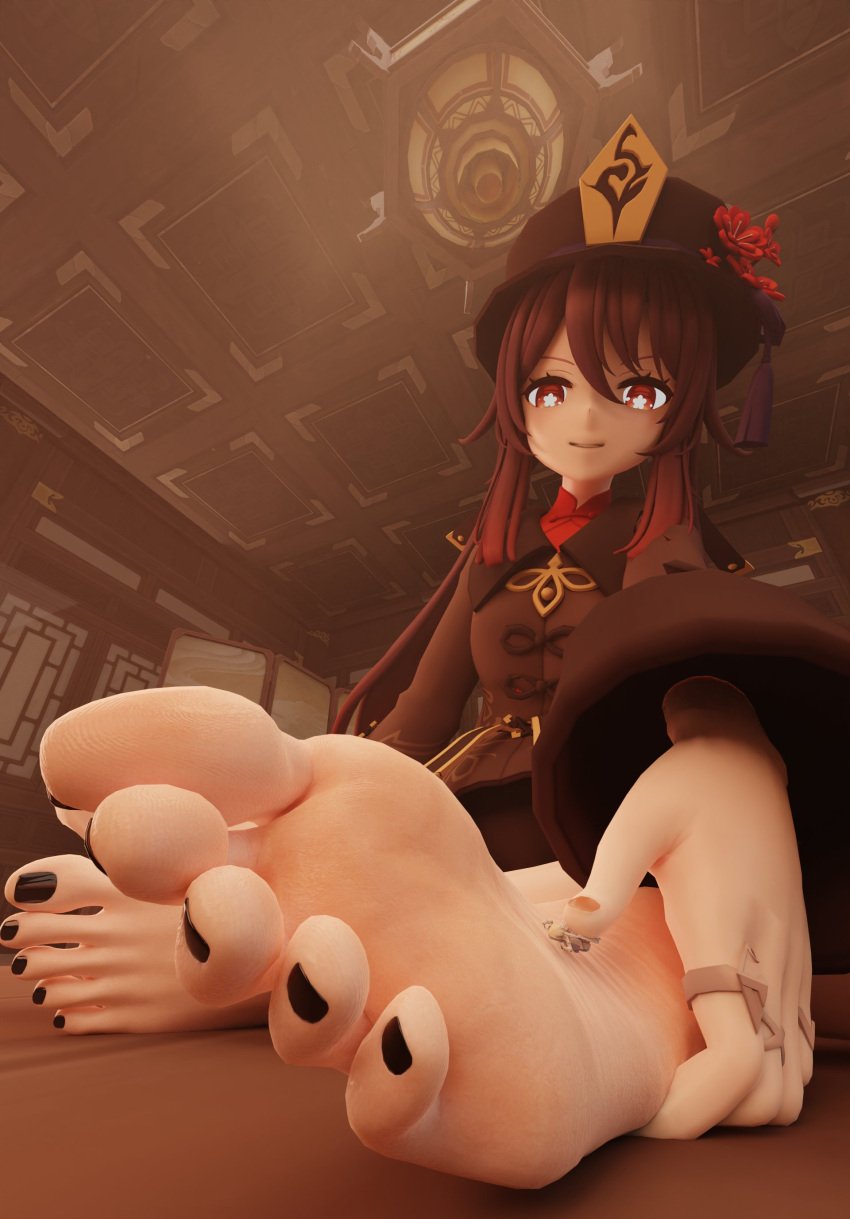 2girls black_toenails brown_hair feet foot_fetish genshin_impact giantess hat hu_tao_(genshin_impact) lumine_(genshin_impact) minigirl miraifear red_eyes soles toes