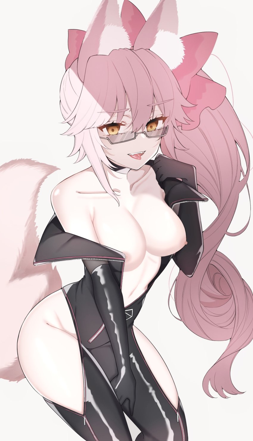 animal_ear_fluff animal_ears areolae bow breasts fangs fate/grand_order fate_(series) fox_ears fox_girl fox_tail glasses koyanskaya_(assassin) koyanskaya_(assassin)_(first_ascension)_(fate) koyanskaya_(assassin_first_ascension) koyanskaya_(fate) pink_hair tagme