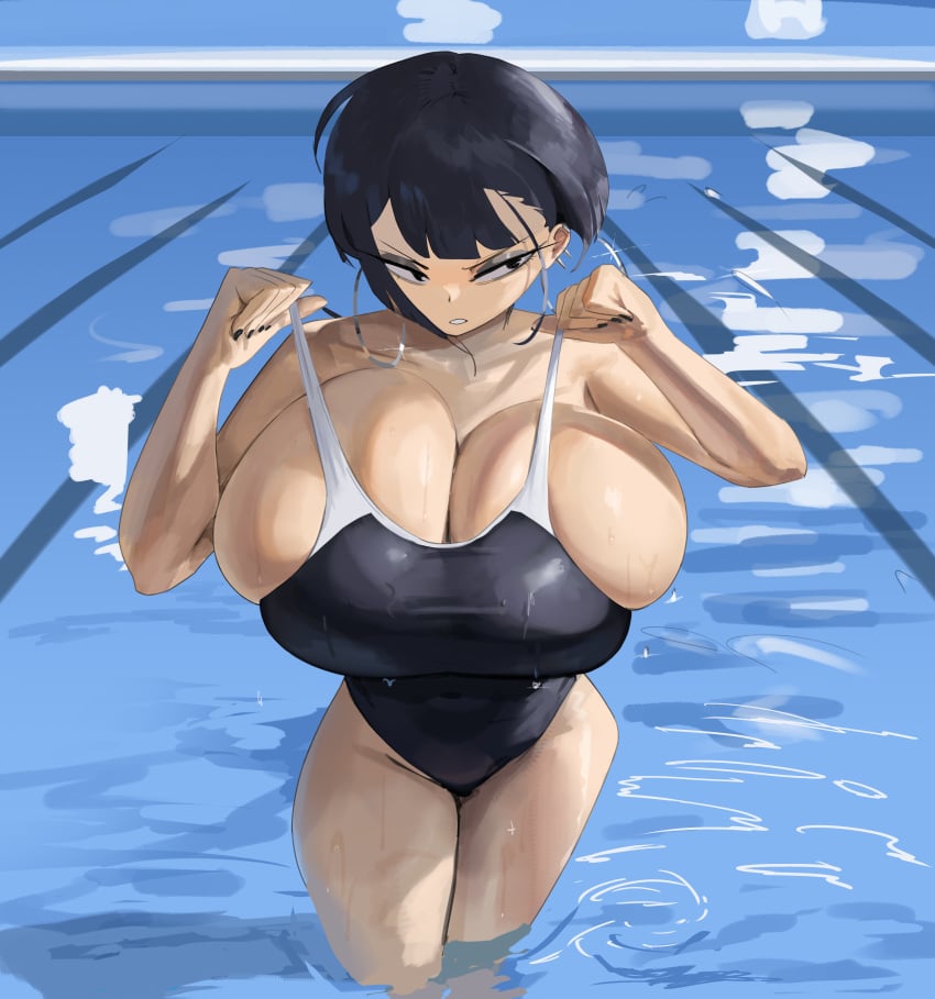 1girls annoyed big_breasts black_eyes black_eyeshadow black_hair booruguru breast_squish breasts breasts_bigger_than_head eyeshadow gigantic_breasts goth goth_(booruguru) goth_girl hi_res highres hoop_earrings huge_breasts large_breasts pool short_hair skindentation swimming_pool swimsuit swimwear wet wet_clothes wet_skin