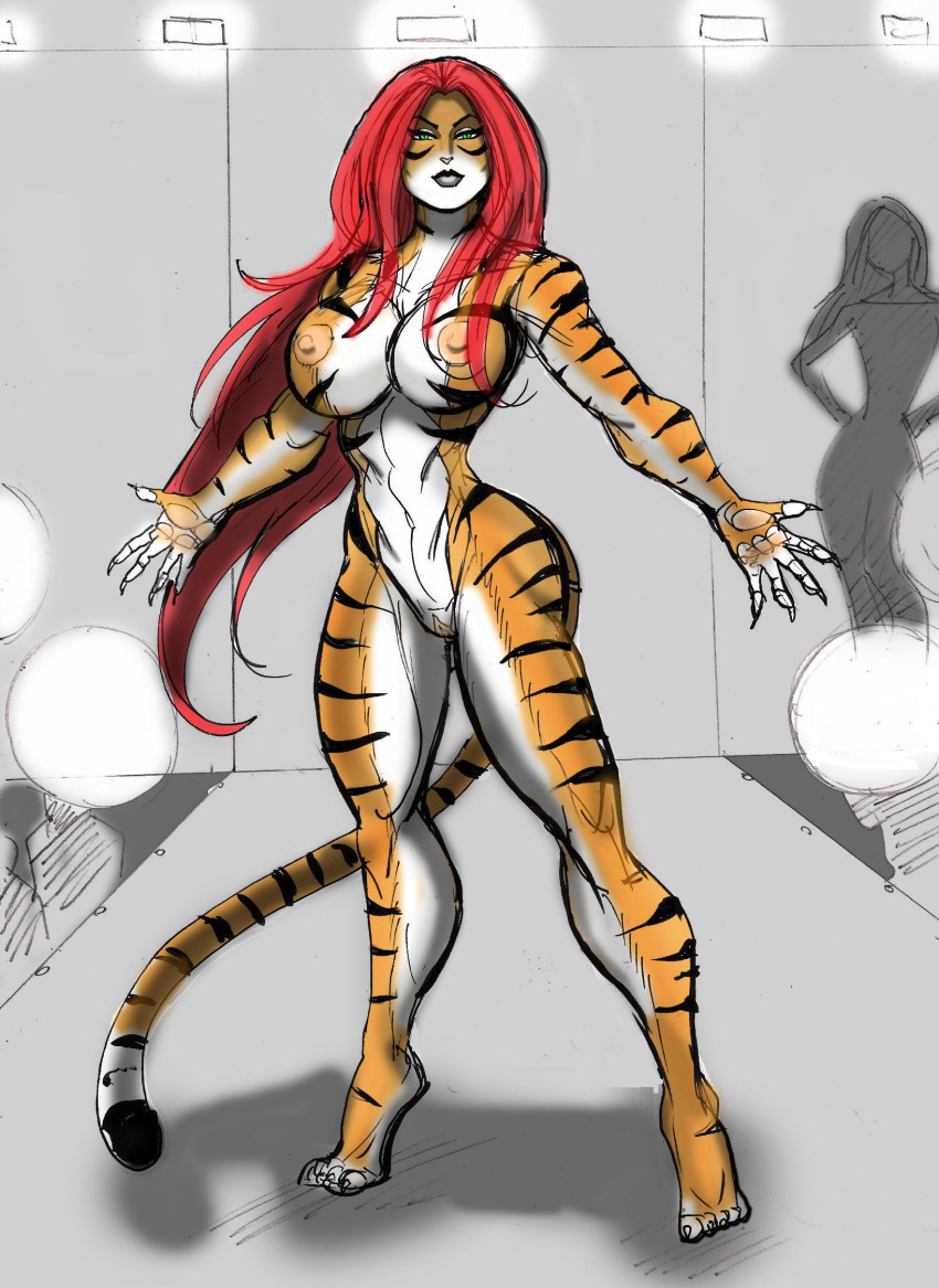 black_lips breasts feline female green_eyes hair humanoid johnnyharadrim lips looking_at_viewer mammal marvel pussy red_hair solo tiger tigra