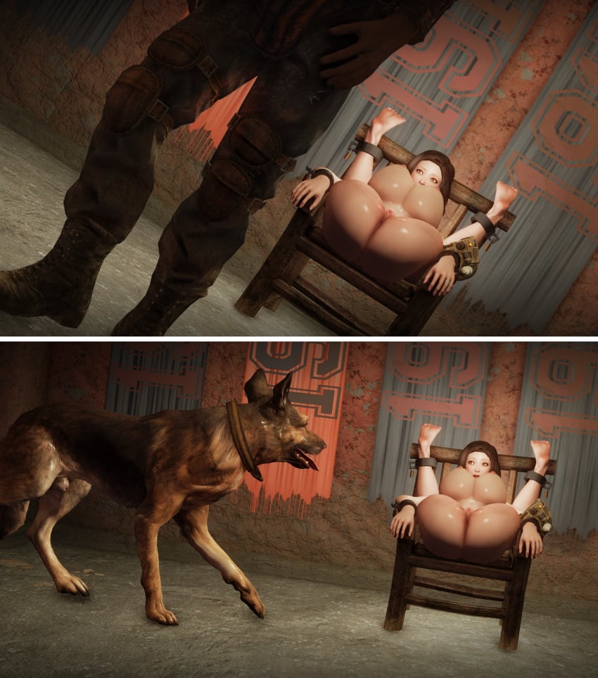 2koma bethesda_softworks bondage_furniture bound_to_chair dogmeat emotrashcan fallout imminent_rape nora_(fallout_4) nude_female sole_survivor_(female) vault_dweller