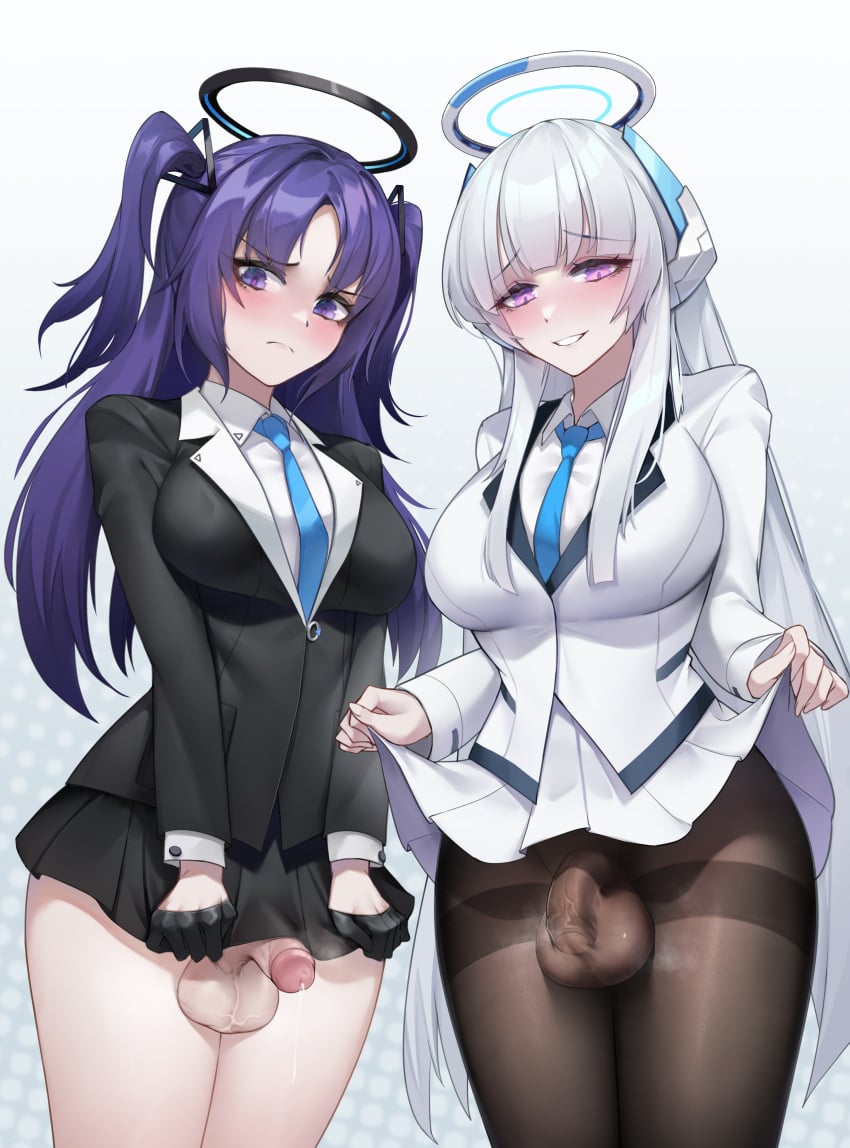 2futas balls bangs big_breasts big_penis blue_archive bottomless breasts clothed clothing duo flaccid fully_clothed futa_only futanari gins hanee human light-skinned_futanari light_skin long_hair millennium_science_school_student mostly_clothed noa_(blue_archive) penis purple_hair seminar_(blue_archive) small_penis squatting standing stockings suit white_hair yuuka_(blue_archive)