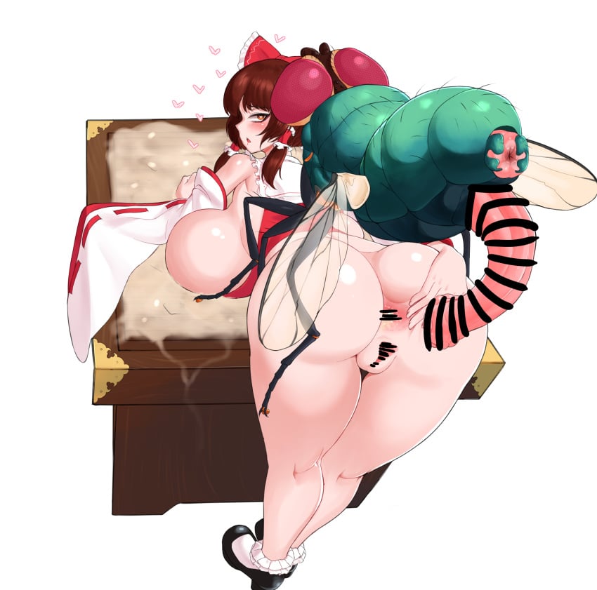 1girls 1insect anus bow censored clothing cum dallim duo female female_focus insect insectophilia insects large_ass large_breasts large_penis reimu_hakurei touhou zoophilia