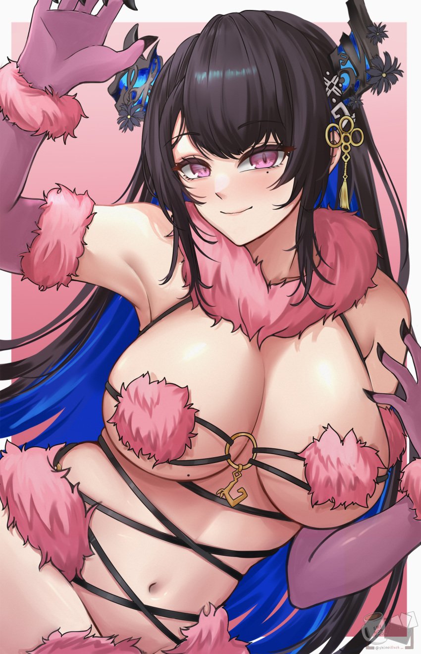 1girls alternate_version_available asymmetrical_horns beauty_mark big_breasts black_hair breasts broken_horn closed_mouth closed_smile dangerous_beast dark_hair demon_horns eyebrows eyebrows_visible_through_hair female female_only fur_clothing fur_tuft hololive hololive_english hololive_english_-advent- horns light-skinned_female light_skin mash_kyrielight_(dangerous_beast)_(cosplay) mole mole_on_breast mole_under_eye nerissa_ravencroft pink_eyes shinoillust smile solo virtual_youtuber