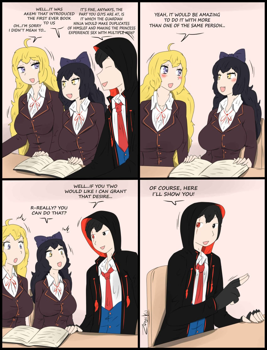 1boy 2girls black_hair black_hair_female blake_belladonna blonde_female blonde_hair bow jin_satou long_hair long_hair_female original_character purple_eyes rwby scar_across_eye school_uniform yang_xiao_long yellow_eyes zronku