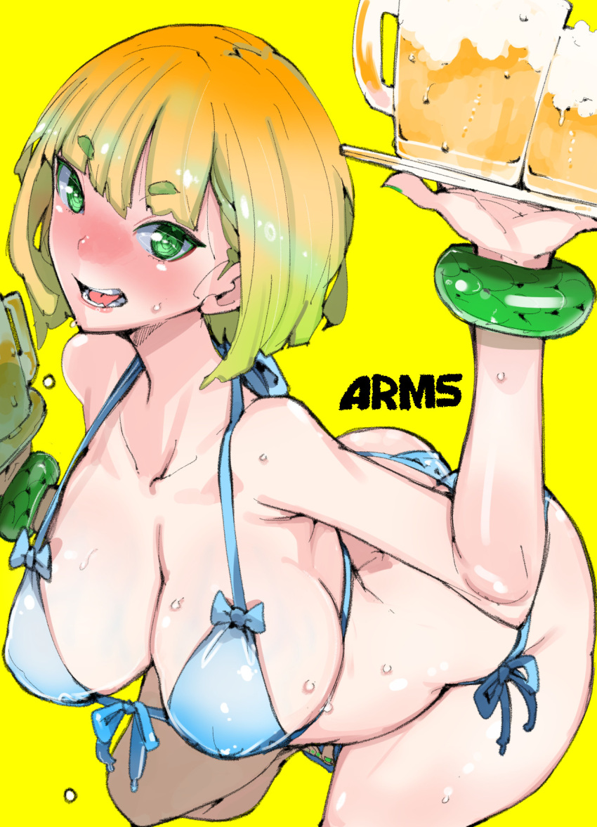 1girls arms_(game) ass beer beer_mug bikini blonde_hair female green_eyes large_ass large_breasts min_min_(arms) nintendo short_hair solo sweat sweatdrop sweating takayama_toshinori thick_thighs