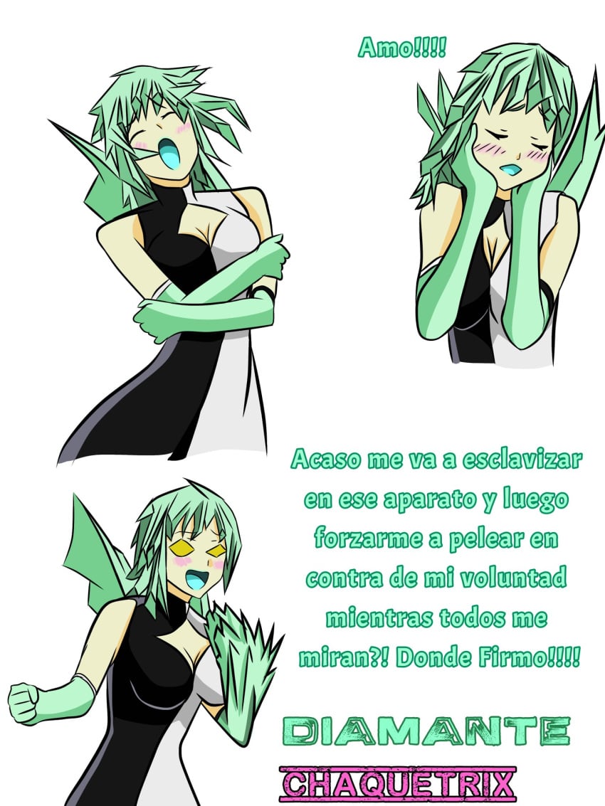 1girls alien alien_girl ben_10 blue_tongue chaquetrix cleavage comic cons2david diamondhead eyeshadow large_breasts spanish_text standing white_background